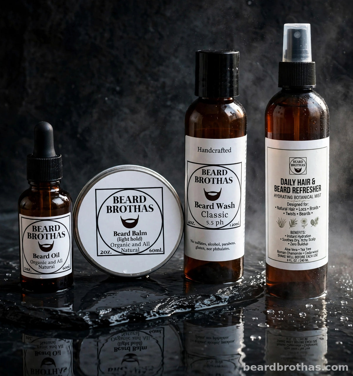Complete Beard Routine Set on dark slate with water droplets