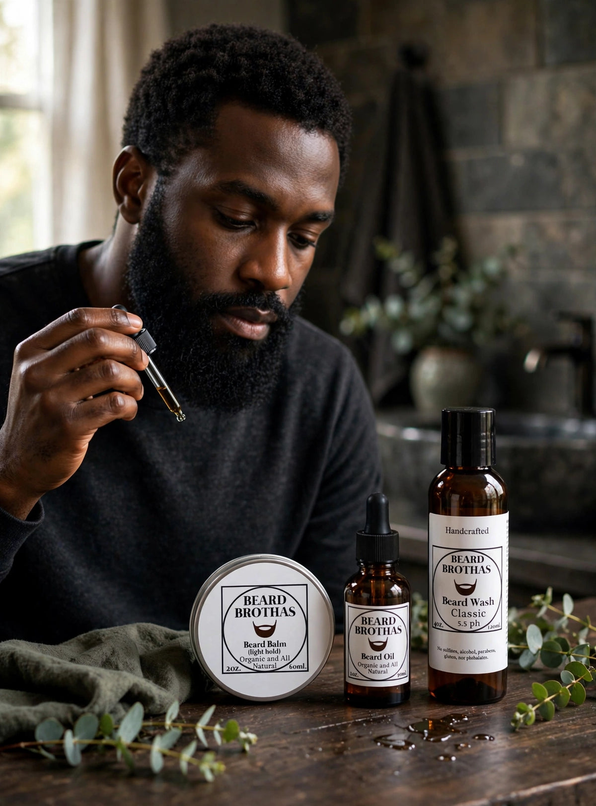 Man applying Beard Brothas beard oil, with beard balm and beard wash trio